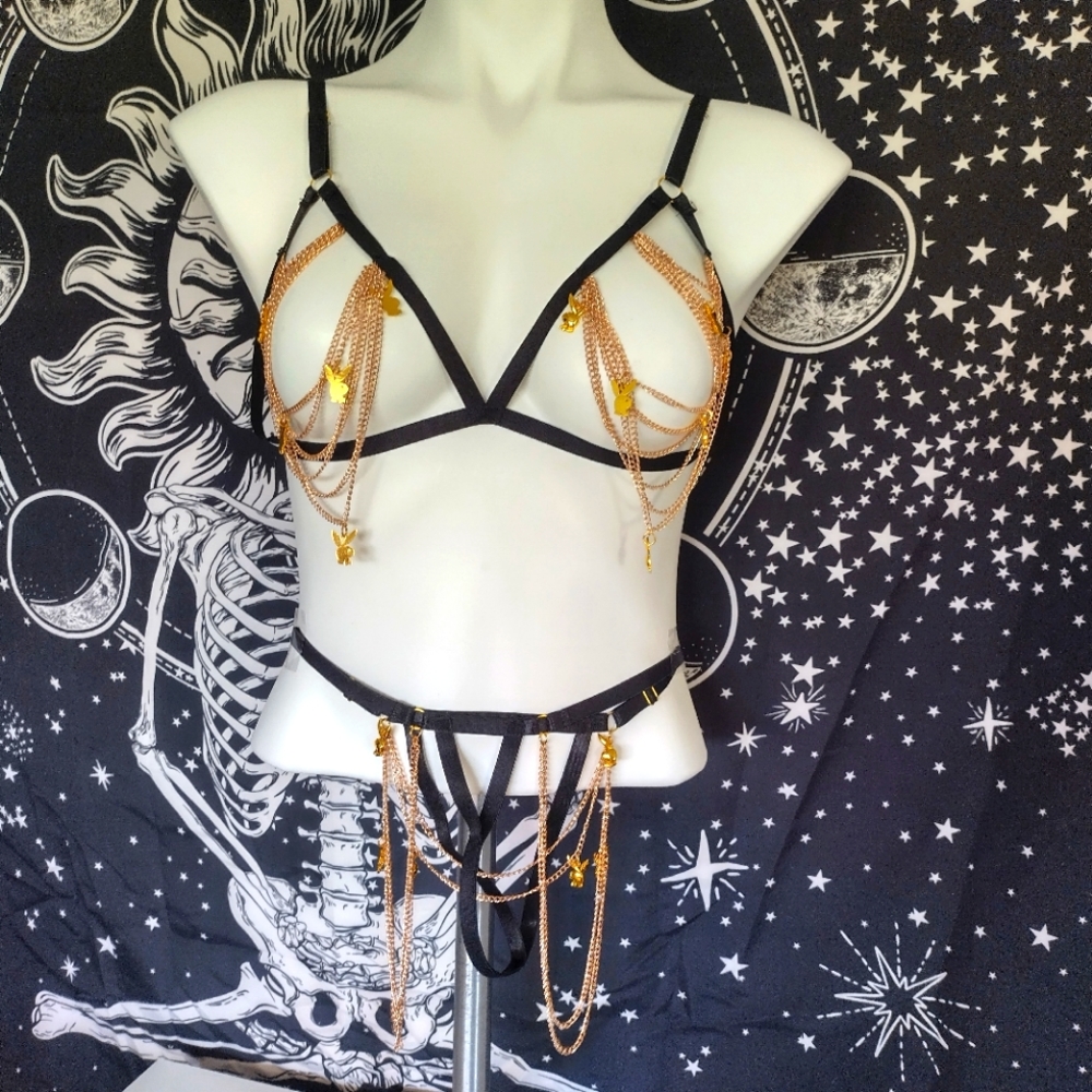 PLAYBOY x YANDY Chain Bikini Lingerie size M Black with gold chain